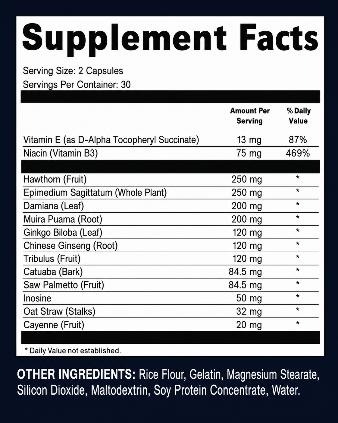 Protoflow Supplement Facts label showing serving size, botanical ingredients and other ingredients